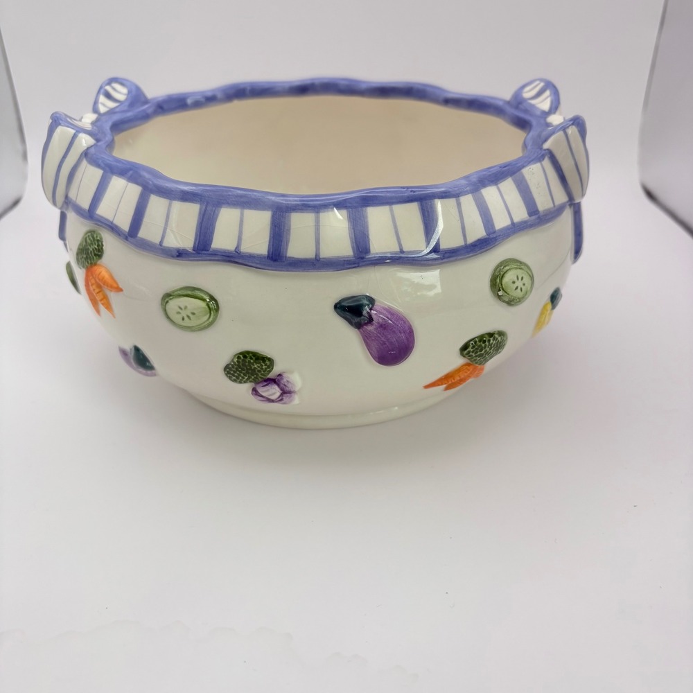 Fitz and Floyd Vegetable Serving Bowl White Blue Bow Raised Ribbons - Picture 4 of 8
